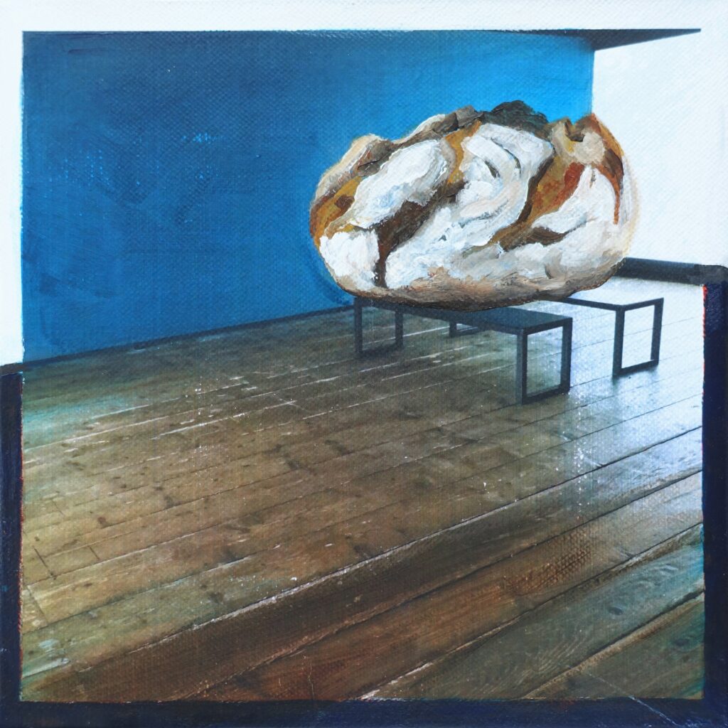 inside – out (Das Glück is a Vogerl), bread, 20 x 20 cm, Acryl auf Papier, 2021.