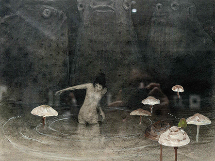 Meta-Space, Somehow Magic | Acryl auf Fotografie (Alfred Kubin, Leopold Museum, Wien, 12.6.2022), 18 x 24 cm, 2022.